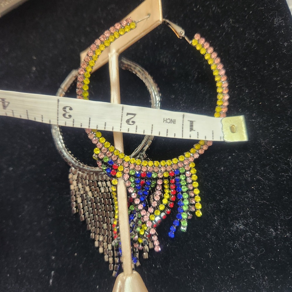 Multi Color Rhinestone Fringe Hoop Earrings Rainbow Crystal Tassel Statement - Picture 7 of 11